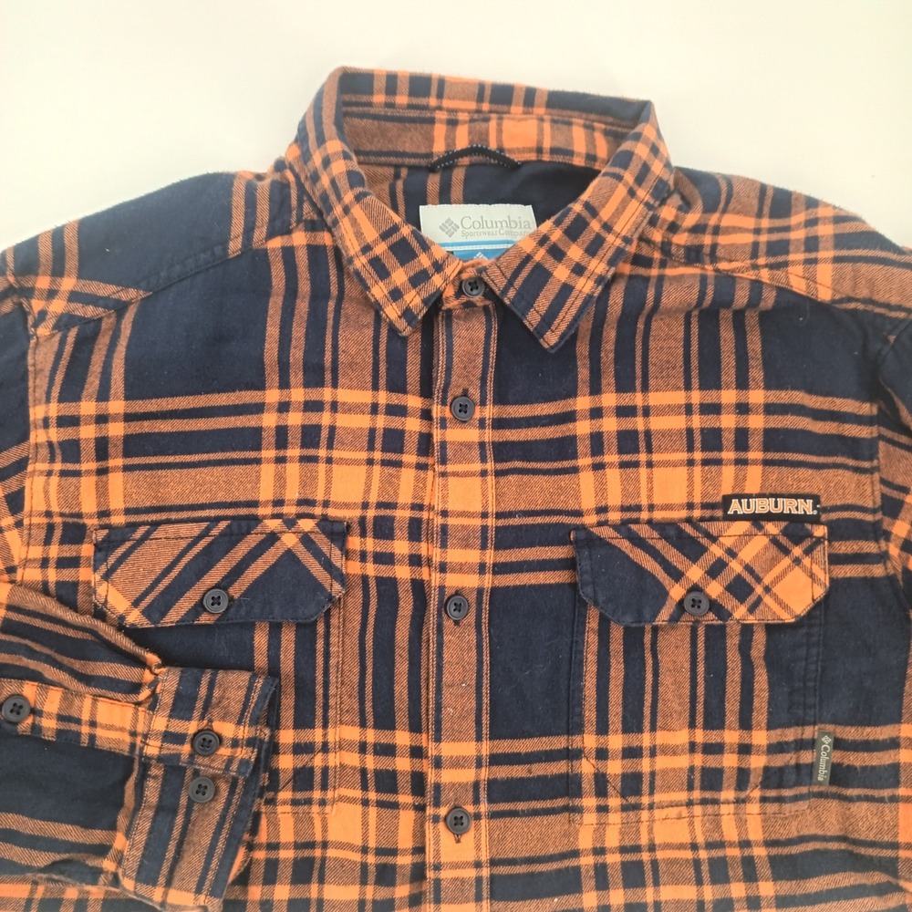 Columbia Auburn Tigers Mens Large Flannel Shirt Orange Navy Blue Plaid Button Up